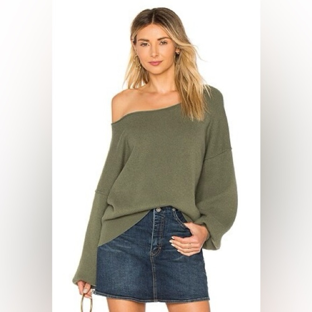 Free People Shadow Crew Green Off-Shoulder Relaxed Knit Sweater